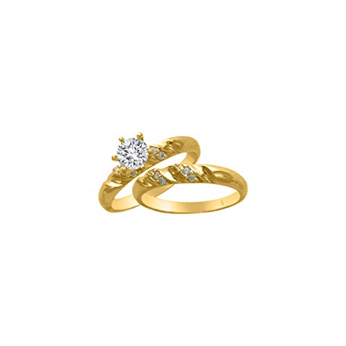 Trio Ring Set 14K Yellow Gold - 3-Piece Wedding Engagement Rings Band For Her And Him - Round Cubic Zirconia Cz For Couple Mens And Women - Anillos De Matrimonio (Ladies Size 5.5 – Men’s Size 11) #TOP1