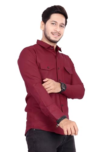 Image of Men's Cotton Spread Collar Full Sleeve Regular Fit Solid Casual Shirt with Double Pockets - Stylish Comfortable Shirt for Everyday Wear