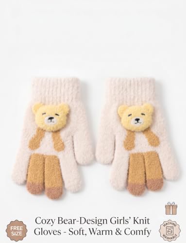Image of Kids Winter Woolen Hand Gloves for Girls (Age 8-12 Years) | Soft Warm Knitted Gloves | Cute Teddy Bear Design | Cold Weather Gloves