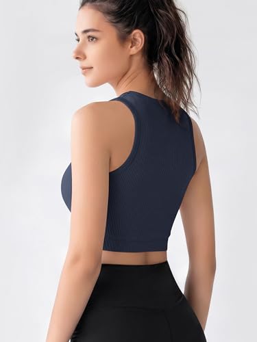 Image of ODODOS 3-Pack Seamless Crop Tank for Women Ribbed Soft High Neck Cropped Tops