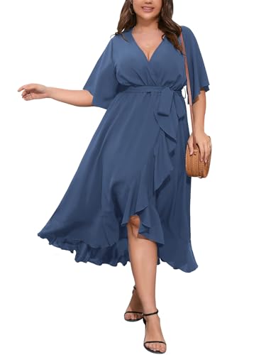 Image of SCOMCHIC Women Plus Size Maxi Dress Short Sleeve Wrap V Neck High Low Split Ruffle Long Dress