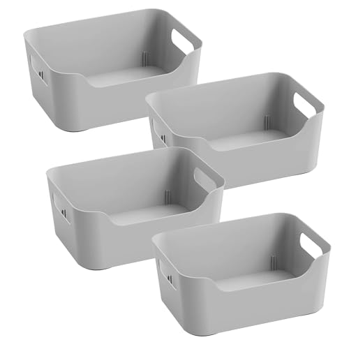 Image of KOLORR Jolly Plastic Small Baskets with Handle for Storage Box| Multipurpose Light Weight Plastic Baskets organiser for Make-up Stationary Cosmetics Kitchen Livingroom Bathroom | Pack of 4 - Grey