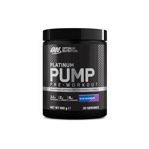 Optimum Nutrition ON Platinum Pump Pre-Workout, Intense Caffeine-Free Pre-Workout Food Supplement with Fruitflow, Beta-Alanine, L-Arginine, L-Citrulline, Blue Raspberry Flavour, 20 Servings, 380 g