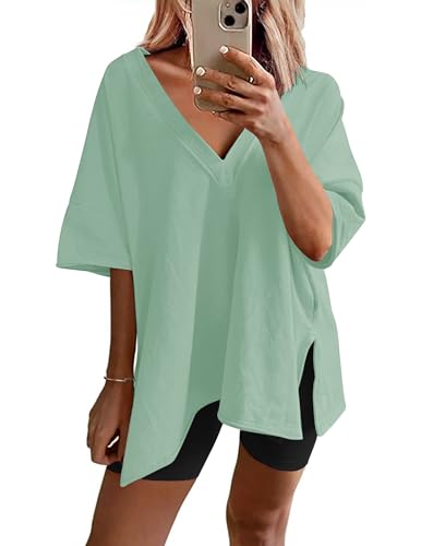 Image of Ekouaer Womens Pajamas 2 Piece Lounge Sets Oversized V Neck T-Shirts Tops Biker Shorts Set Workout Reversible Tracksuit S-XXL