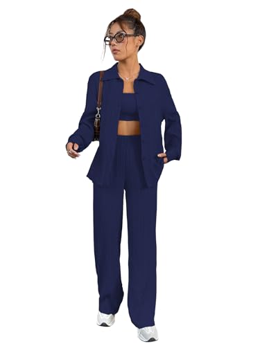 Image of Shasmi Women's 3-Piece Co-ord Set - Solid Button Front Shirt, Strapless Tube Top & Wide Leg Pants | Casual Loose Fit Western Outfit for Daily Spring /Fall Wear (Co-Ord-208)