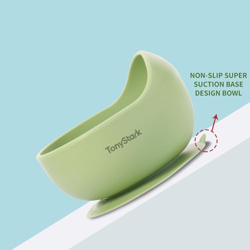 Image of TONY STARK Silicone Unbreakable Baby Bowl & Handle Spoon - Suction Design, Non-Slip, BPA Free, Dishwasher & Microwave Safe (Green, 1 Set)