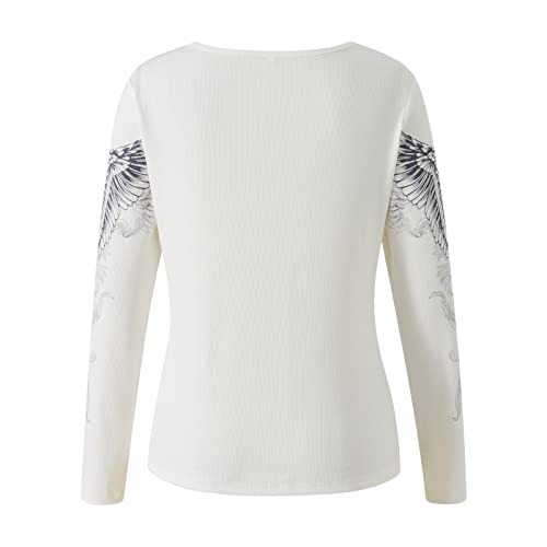 Women Y2K Long Sleeve Tops T Shirt Gothic Cross Wings Print Patchwork V Neck Basic Tops Shirt Vintage Fairy Grunge Streewear