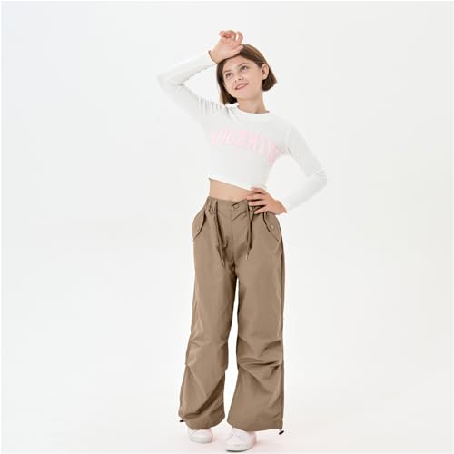 Image of Rolanko Girls Parachute Pants Y2K Cargo Pants for Girls Loose Jogger Trousers with Pockets Streetwear Kids 4-14 Years