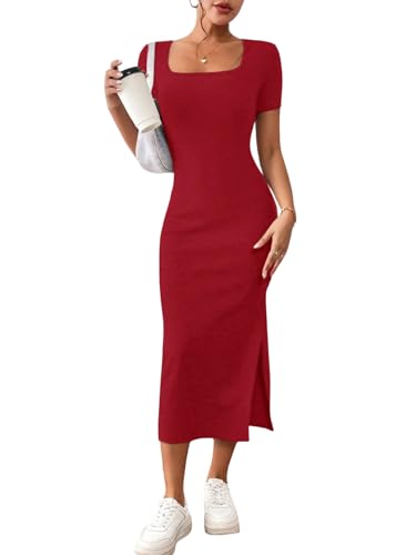 GORGLITTER Figurbetontes Kleid mit Schlitz Damen Kleider Kurzarm Sommer Midikleid Bleistiftkleid Freizeitkleid T-Shirt-Kleid Rot M