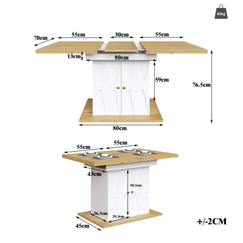 STAPERFO Table à manger extensible 110/140 x 70 cm avec motif en relief et compartiment de rangement, table de cuisine pour salon, aspect bois, blanc