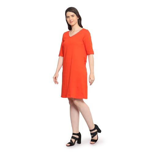 Image of Frenchtrendz Women's Cotton and Back Lace Designer V-Neck A-Line Knee Length Dress