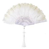 Huralona Ventaglio a mano in stile vintage anni '20 ricamato con fiori marabù piuma (bianco ricamato)
