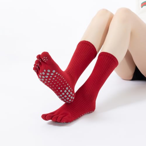 Yoga Pilates Toe Socks with Grips for Women Striped Cushioned Non Slip Crew Socks for Barre Ballet Dance4