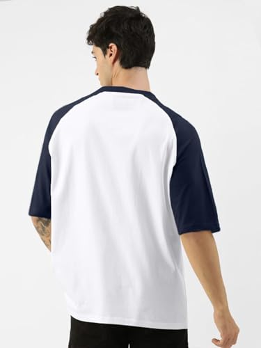 Image of Veirdo 100% Pure Cotton Oversized Loose Baggy Fit Drop Shoulder Round Neck Cool Front Chest Typographic Logo Printed Raglan Sleeve T-Shirt for Men (Colors: White, Black, Swanwhite, Beige & Grey)