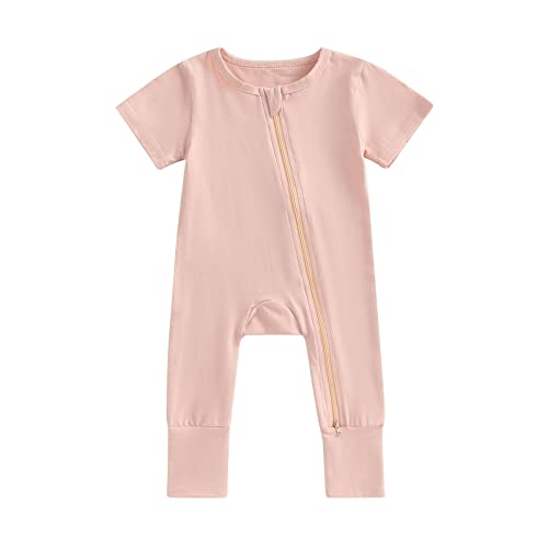 Ehfomius Infant Baby Boy Girl Clothes Cotton Solid 2 Way Zipper Footless Jumpsuit Short Sleeve Romper Bodysuit Summer Outfit (D-Pink, 12-18 Months) #TOP15
