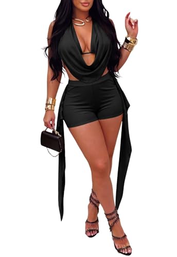 Vssjavun Womens 2 Piece Outfits Sexy Clubwear Cowl Neck Halter Backless Top Short Sets Summer Party Going Out Outfit BLACK M