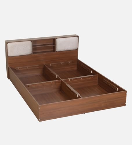 Image of Mintwud Pepperfry Yokohama Queen Size Bed in Planked Walnut Finish with Box Storage & Upholstered Headboard Storage | Stylish & Functional Wooden Bed with Ample Storage Space