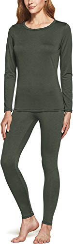 ATHLIO Damen Winter Thermounterwäsche Lange Unterhose Set, Oberteil & Unterteil für kaltes Wetter, Warme Basisschicht, Comfort Fit Set Heather Olive, Klein Cover