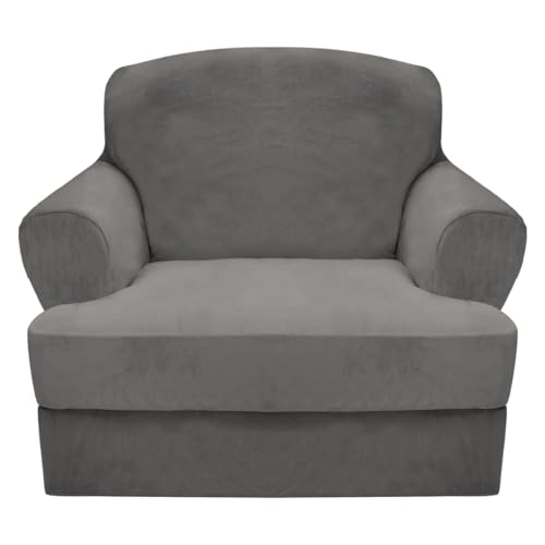 CUCRAF T Cushion Sofa Cover 2 Piece Armchair Slipcovers, Soft Thick Velvet Couch Cover for Living Room, Washable High Stretch Furniture Protector with 1 Cushion Chair Slipcover (Chair, Grey)