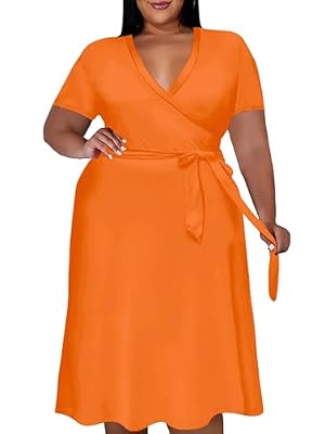 Tycorwd Women's Plus Size Midi Wrap Dresses Summer Short Sleeve Flowy Swing Beach Dress with Belt and Pockets Orange1 4XL