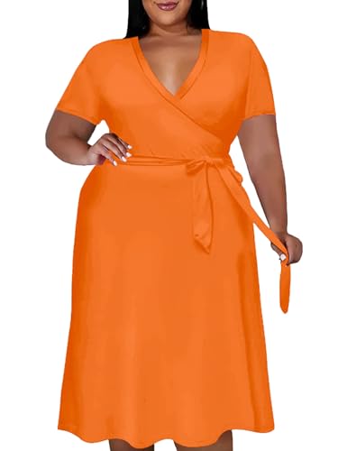 Tycorwd Women's Plus Size Midi Wrap Dresses Summer Short Sleeve Flowy Swing Beach Dress with Belt and Pockets Orange1 4XL