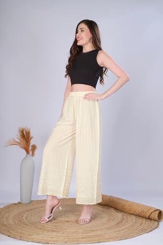Image of VIVIKA Chikankari Palazzo Pants for Women |Rayon Wide Leg Ethnic Palazo with Embroidery | Comfortable Elastic Waist Women's Palazzo for Casual, Festive & Office Wear