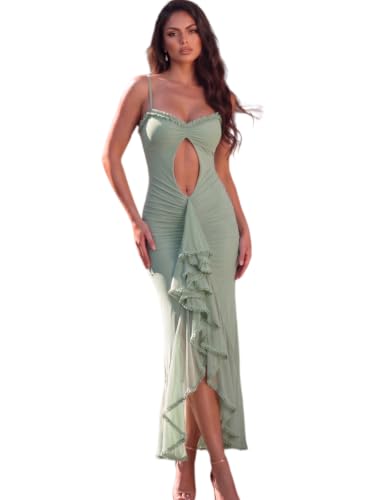 Image of houstil Women's Strap Ruffle Casual Summer Dress Mesh Beach Party Maxi Cocktail Evening Holiday Wedding Guest Dresses