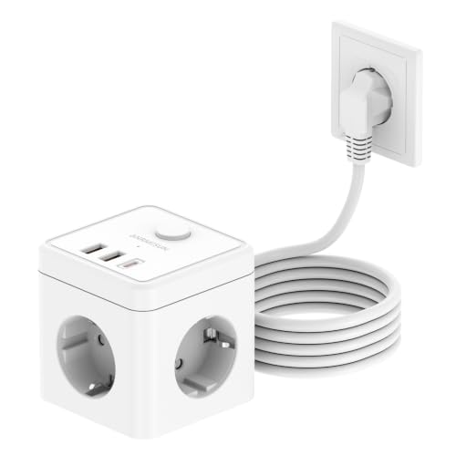 6 in 1 Steckdosenwürfel mit USB C PD 20W Schnellladen & Schalter Weiß