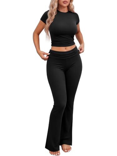 Image of Ekouaer Womens Pajama Set Short Sleeve Crop Top Foldover Flare Pants | Soft Comfy Stretchy, Summer Wear Fall Layer, High Waist Fold Waistband For Loungewear Yoga Daily Casual Wear