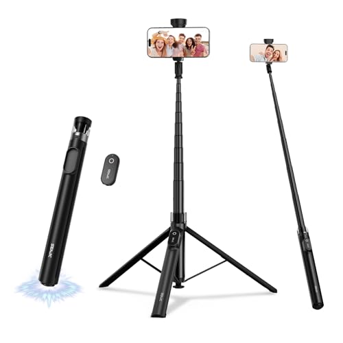 SEAJIC 66' Automatic Phone Tripod Stand with Remote, Cell Phone Tripod for iPhone Video Recording & Live Streaming, Adjustable Selfie Stick Tripod for Content Creators, Vloggers (Black)
