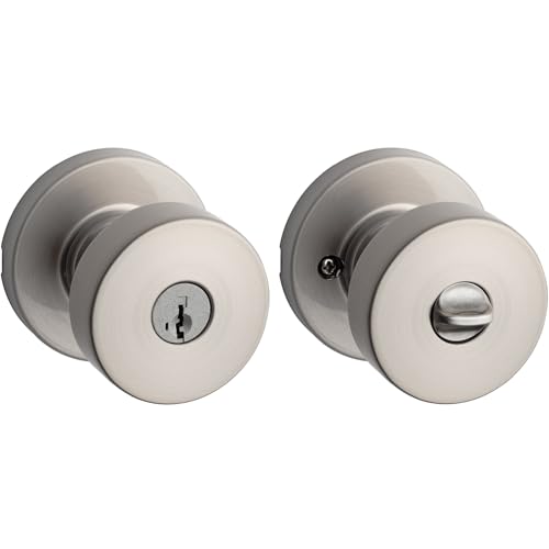 Kwikset Pismo Entry Door Knob with Lock and Key Secure Keyed Handle Exterior Front Entrance and Bedroom Satin Nickel Pick Resistant SmartKey Rekey Security and Microban