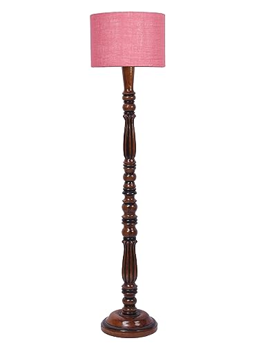 Image of Jute Modern Floor Lamp with Wooden Base - Height 56 Inches | Modern & Fashionable Standing Lamp for Living Room, Bedroom & Office | Stylish Home Decor Lighting in Elegant Pink Shade