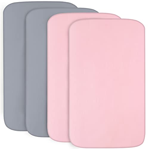 4-Pack Fitted Pack and Play Sheets for Boys and Girls - Breathable, Soft Microfiber Baby Sheets in Grey and Pink