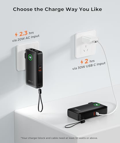 Image of Portable Charger Power Bank - Battery Pack 35W AC Plug GaN 10000mAh Built in Cable USB C Phone Fast Charging Powerbank Compatible with iPhone 16 15 14 13 12 11 X iPad MacBook Samsung (Black)