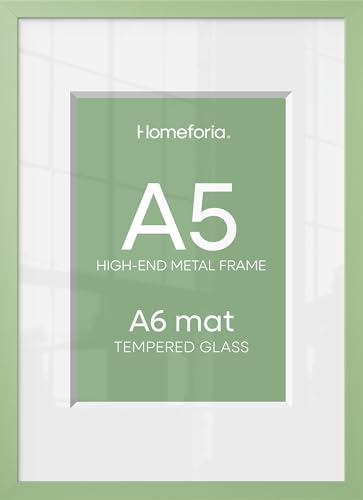 Image of Homeforia A5 Green Picture Frame, High-End Metal, A6 Mat, Glass | High End Aluminum, Tempered Glass, Acid-Free A6 Removable Mat, A5 Edge-to-Edge Display, Wall Kit, Set Of 1