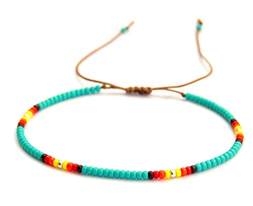 Turquoise Beaded Anklet for Women, Boho Bohemian Hippie Colorful Beach Summer Waterproof Anklet for Women and Girls, Native American Style, Handmade by Tribes (S-M (adjustable))