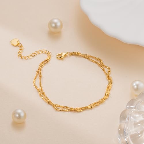 14K Gold Bracelets for Women Gold Bracelets for Women Beaded Bracelet for Womens Double-Layer Twisted Design Cuban Link Layered Bracelet for Womens Adjustable Size (7-8.6) in3