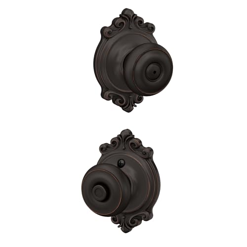 Image of Schlage F40 GEO 716 BRK Georgian Door Knob with Brookshire Trim, Bed & Bath Privacy Lock, Aged Bronze
