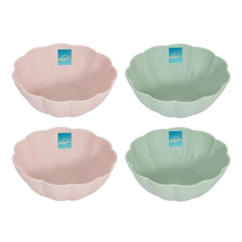 YöL Set of 4 Floral Edged Plastic Bowls Summer Dining Outdoor Picnic BBQ Blush Pink Sage Green Dessert Snacks Dips Cereal
