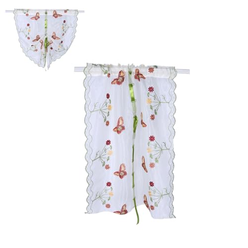 HERCHR Cortina Romana, Cortina Visillo de Gasa Elevable con Cintas, Cortinas Bordadas con Estampado de Mariposas, Paneles de Cortina con Estampado Floral para Comedor Balcón Cocina Baño(80 * 150 CM)