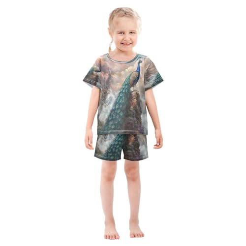ALAZA Peacock Cloud Bird Castle Pajamas Set Short Sleeve Cotton Sleepwear Summer Pjs 2 Piece 5-14Y3