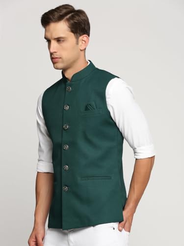 Image of SHOWOFFFF Men Solid Ethnic Nehru Jacket | Mandarin Collar Sleeveless Cotton NehruJacket for Mens | Slim Fit Regular Length NehruJackets for Men's