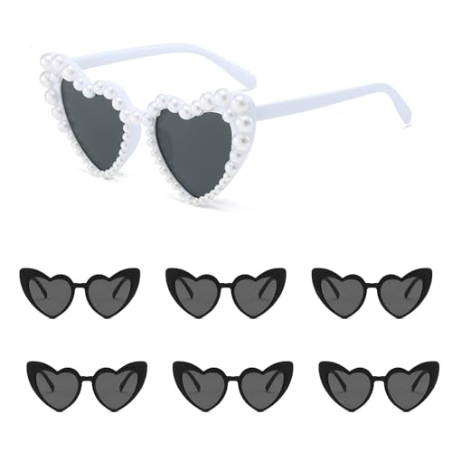 7 Pack Heart Sunglasses Bachelorette Party Accessories for Women,Vintage Cute White Hearts Pearl and Black Heart Sunglasses for Team Bride Party Supplies