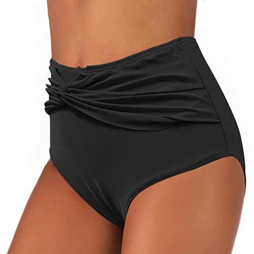 JFAN Braguitas de Bikini Mujer Cintura Alta Ruched Braga De Bikini Reductores Barriga Negro L