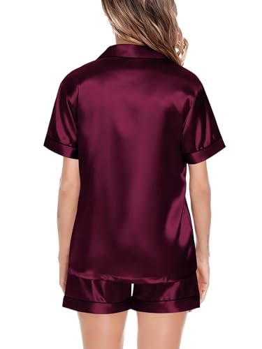 Image of SWOMOG Satin Matching Pajamas Sets Couple Silk Button Down Nightwear Women & Men Short Sleeve Sleepwear 2 Pieces Loungewear