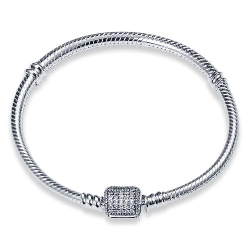 Image of 925 Sterling Silver Snake Chain Bracelets Fit Pandora Charms,Heart Clasp Bracelets Perfect For Any Glamour Gift for Women with 5 A Cubic Zirconia