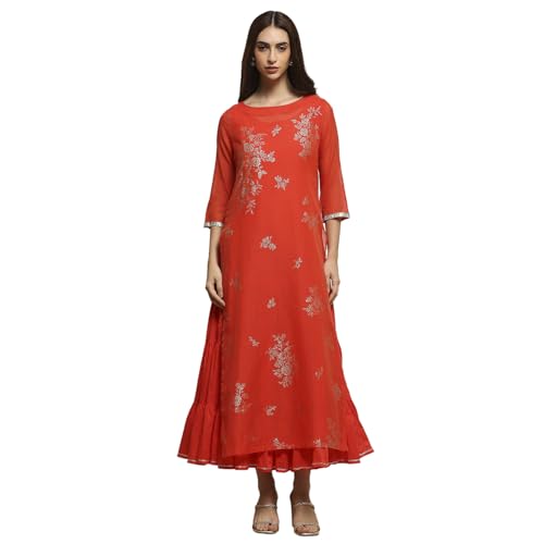 Image of Biba Women's Poly Chanderi 3 /4 Sleeves Calf Length Round Neck A-Line Casual Dress