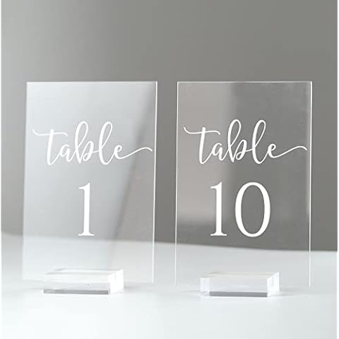 JINMURY Acrylic Wedding Table Numbers with Stand- 4x6 Inch Clear Acrylic Table Numbers 1-10 Printed Calligraphy, Acrylic Sign with Holder Stand (4"x6" Table Number 1-10) Cover