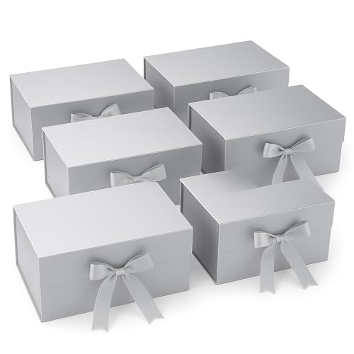 Image of Awestuffs Premium Silver Gift Boxes for Gift Packaging, Reusable Decorative Gift Boxes (23 x 16 x 10 cm) for Hampers, Weddings, Birthdays, Festivals & Corporate Gifts (Pack of 6)