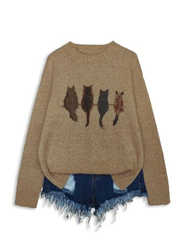 Jersey de punto para mujer informal en talla S, cómodo cuello redondo y diseño de gato